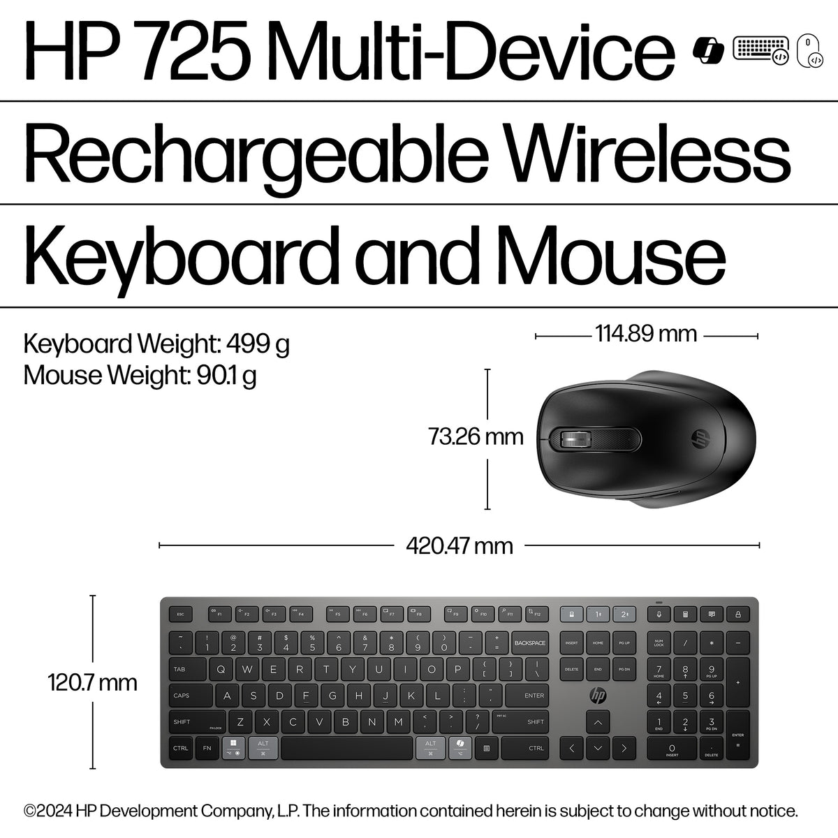 HP 725 Multi-Device Rechargeable Wireless Keyboard and Mouse Combo