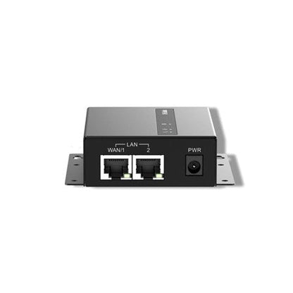 Network device with two Ethernet ports and a power port on a white background