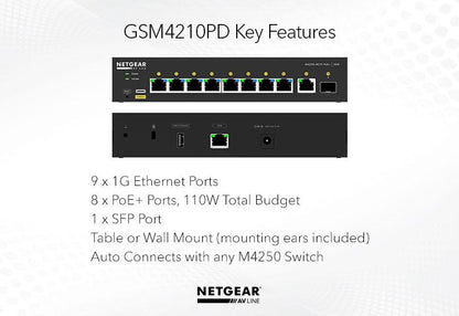 Netgear AV Line M4250-9G1F-PoE+ (GSM4210PD) 8x1G PoE+ 110W 1x1G and 1xSFP Managed Switch